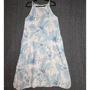 Lungo L'arno Dress Womens Size M Blue Linen Midi Floral Beachy Coastal‎ Tropical
